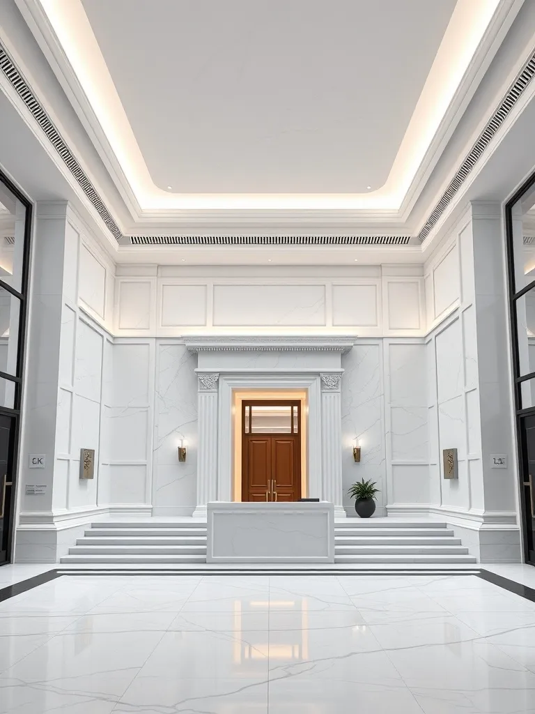 A minimalist, modern bank interior with clean lines, white m
