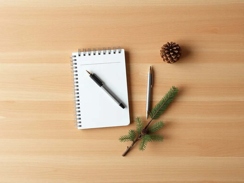 A minimalist overhead view of a clean wooden desk with a whi