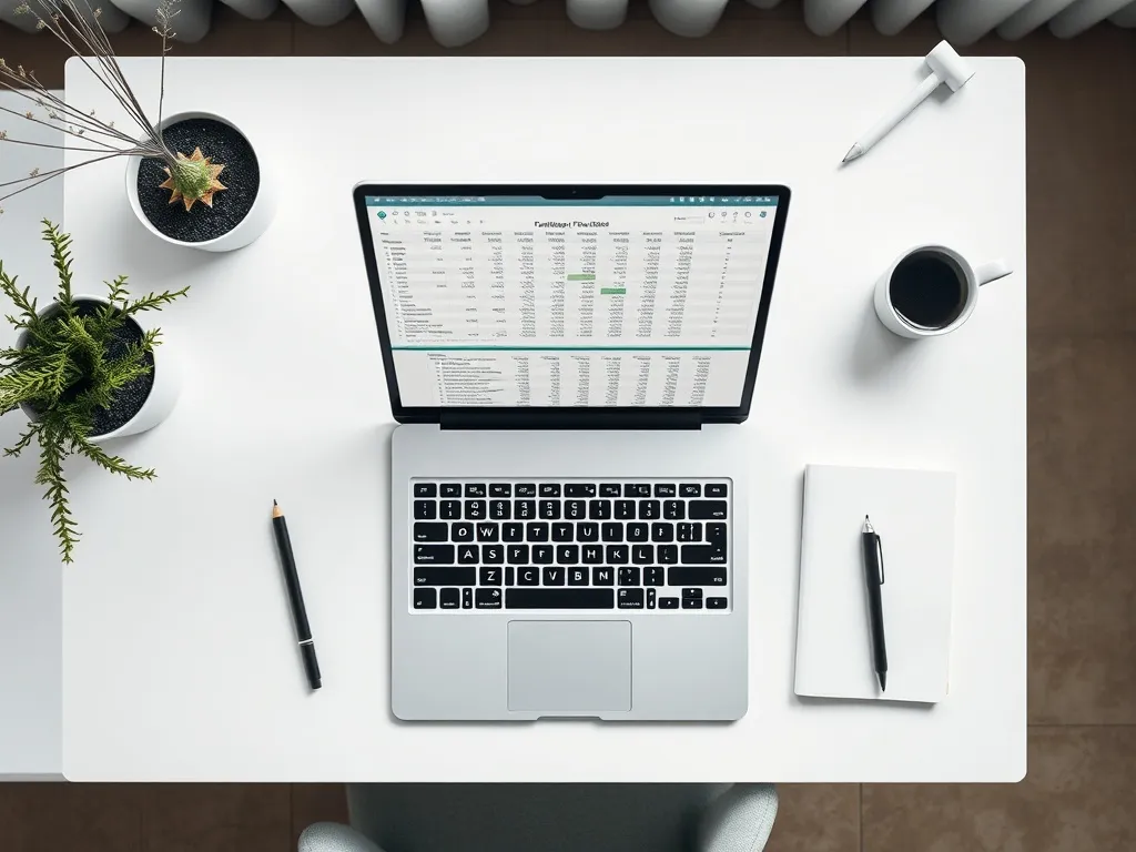 A clean, top-down view of a minimalist workspace with a lapt