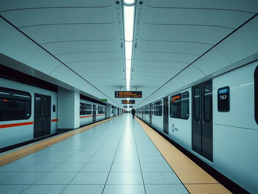 A minimalist, wide-angle shot of a clean, modern SkyTrain st