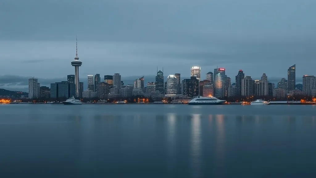 A sharp, high-contrast photograph of the Vancouver city skyl